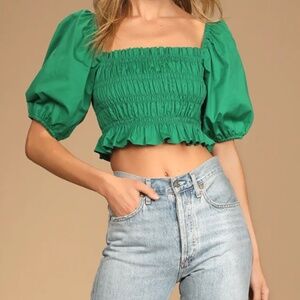 NWT • Lulus • Fresh Outlook Green Smocked Puff Sleeve Crop Top - Size S